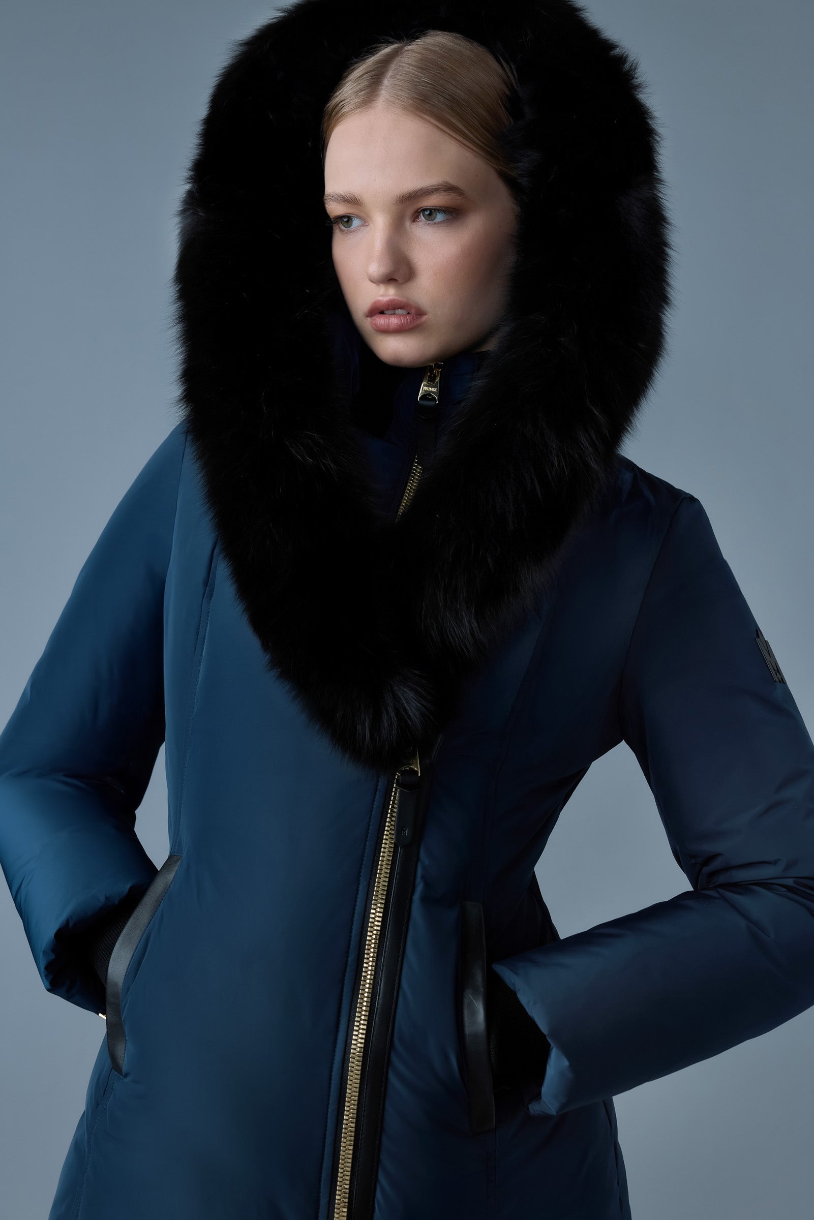 Adali Down coat with blue fox fur Signature Mackage Collar for ladies Mackage US