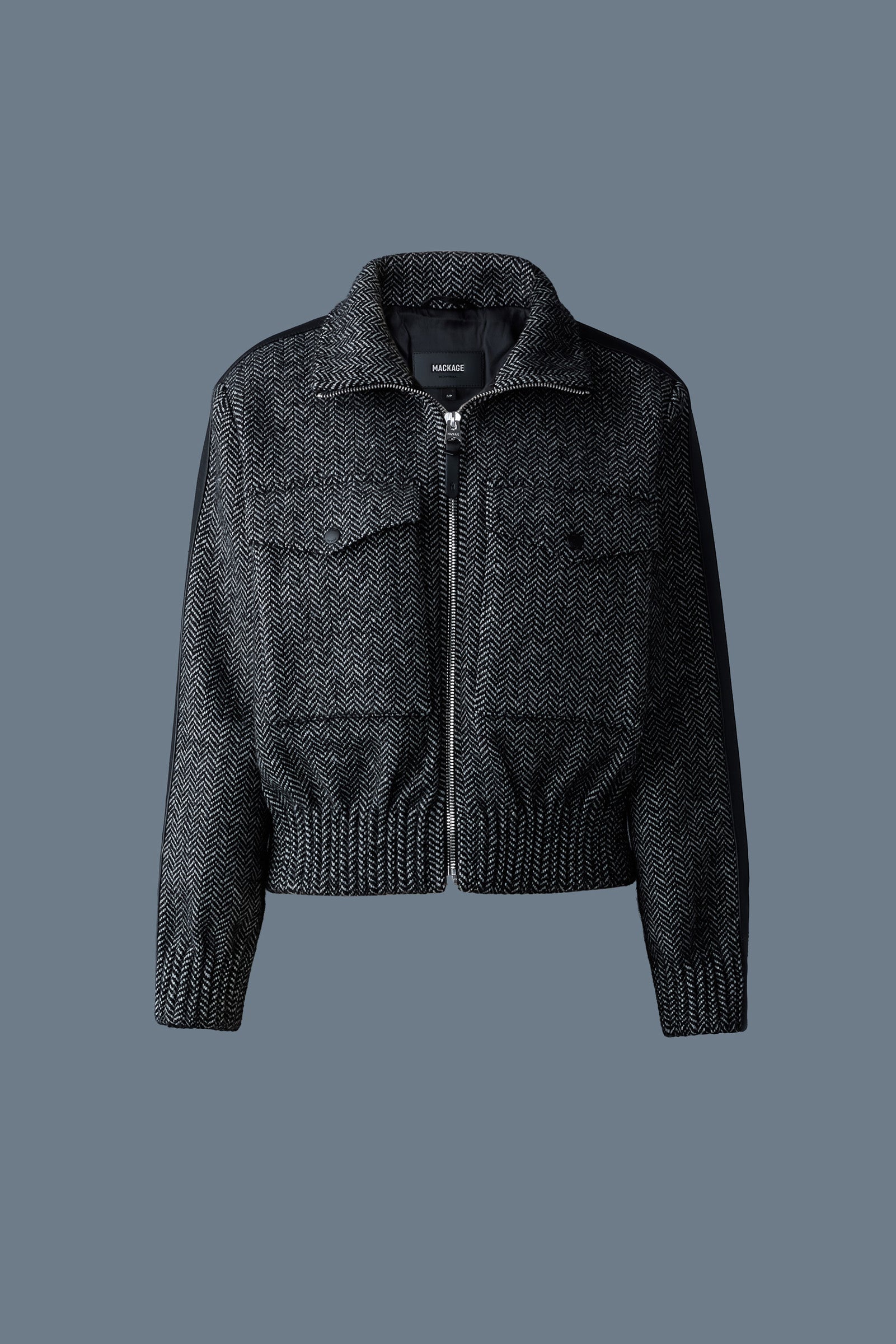 Patty HB short herringbone wool jacket with leather detail Mackage US