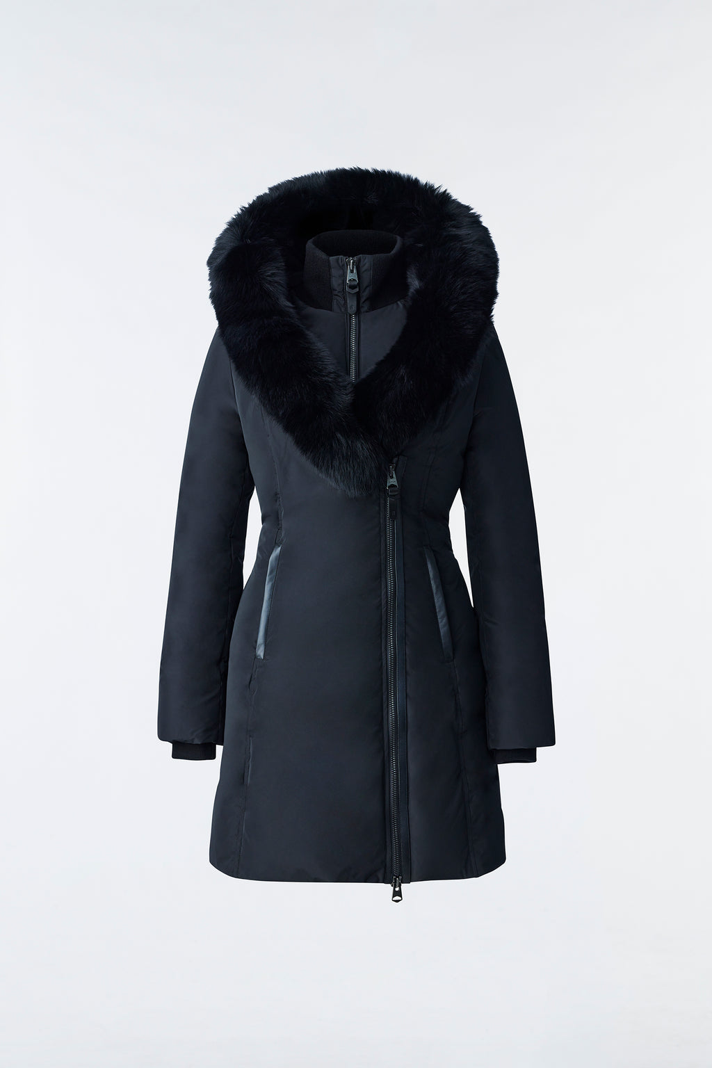 Kay, Down coat with blue fox fur Signature Mackage Collar for ladies 