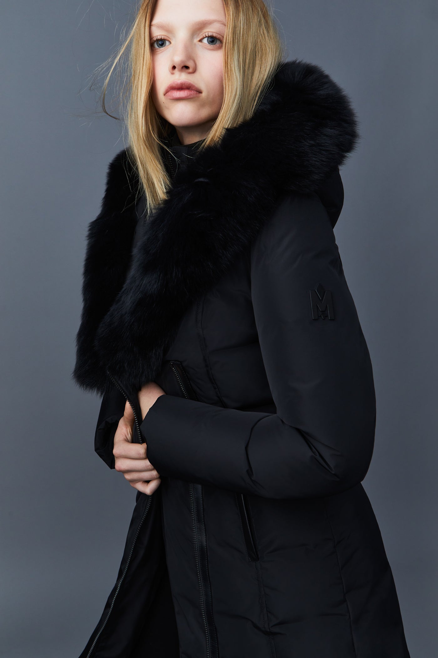 Kay, Down coat with blue fox fur Signature Mackage Collar for ladies ...