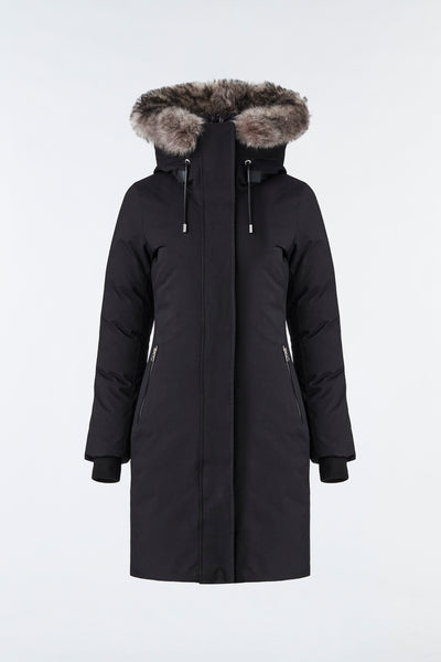 Shiloh, 2-in-1 fitted down coat with removable bib and sheepskin for